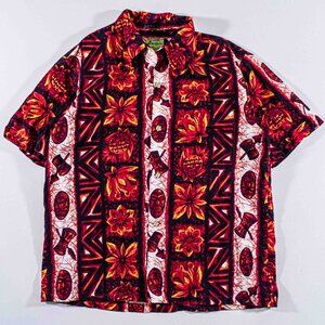 VTG 60s Ui-Maikai Hawaiian Shirt Large Pineapple Tiki Mask Aloha Resort